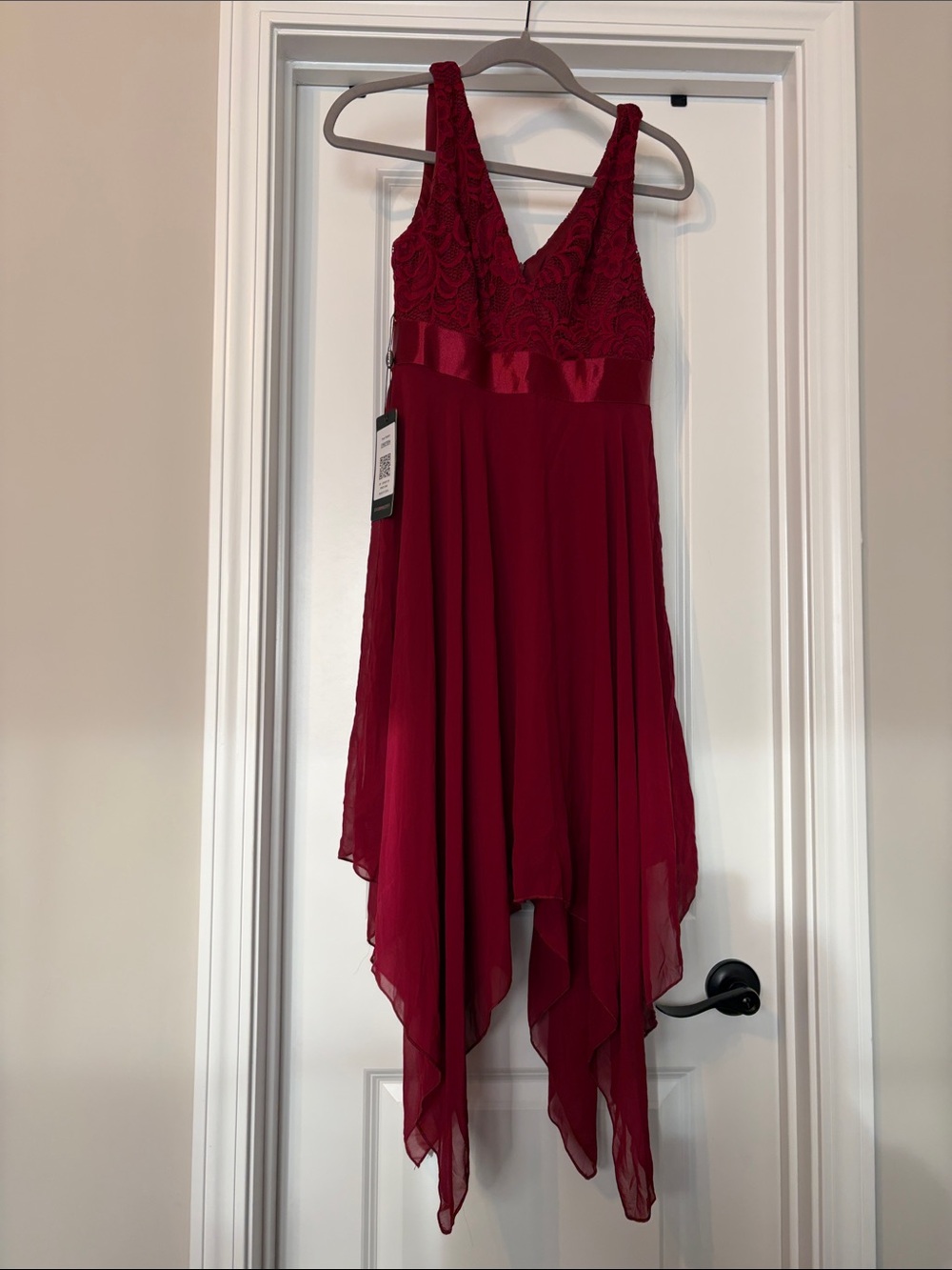 Ever Pretty Burgundy Lace V-Neck Handkerchief Hem Dress